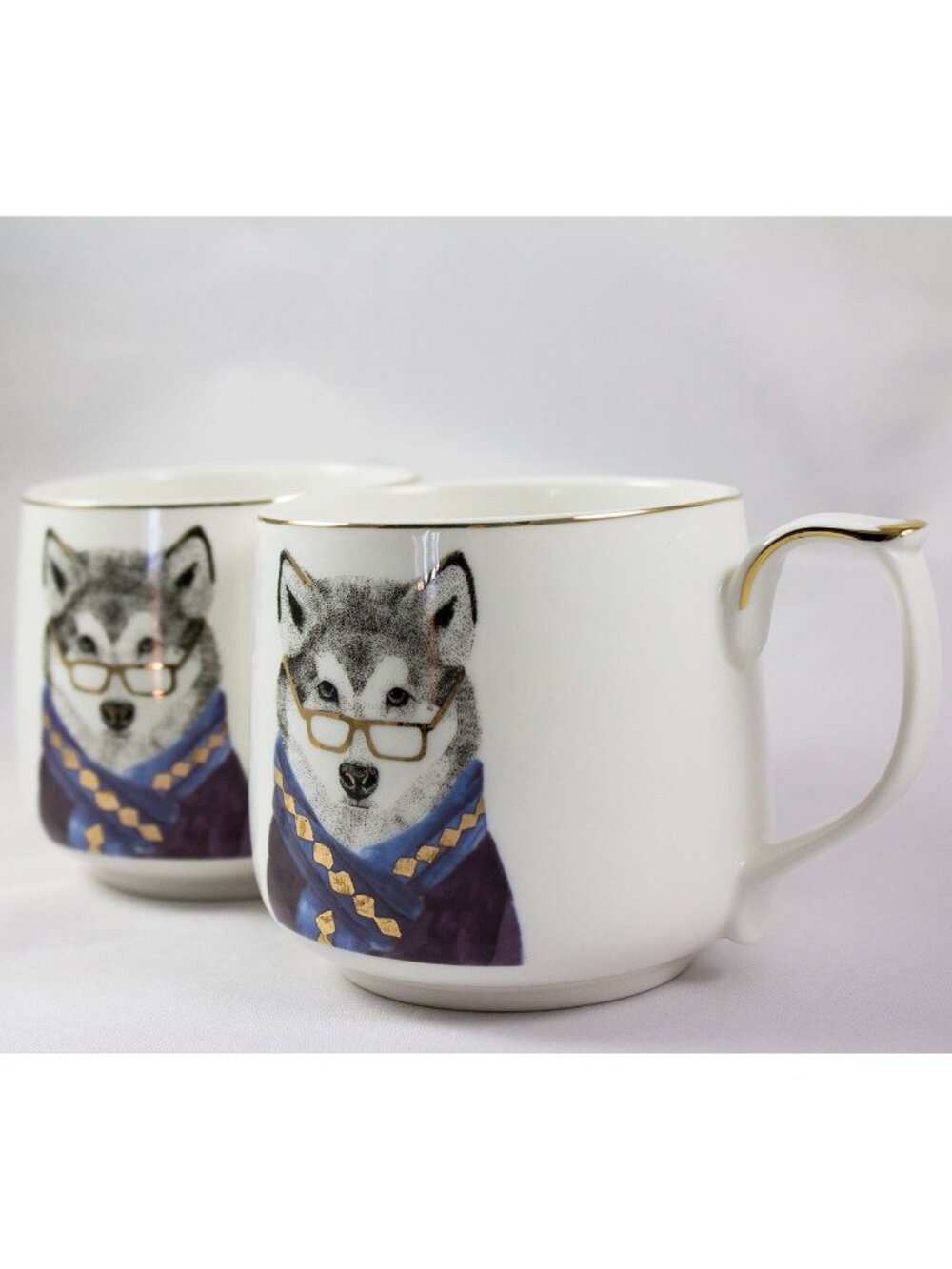 Grace Teaware Hipster Wolf 14oz Coffee Tea Mug Set of 2 Porcelain Gold Trim